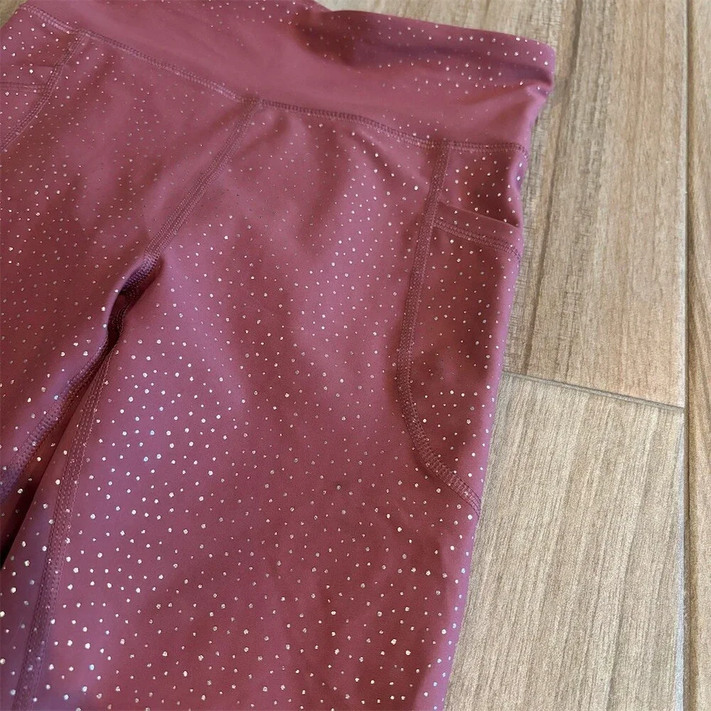 Old Navy Active PowerSoft Leggings Womens Size L Burgundy Metallic Dot